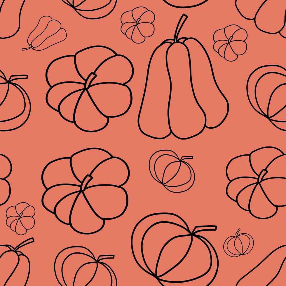 un patrón de contornos de diferentes tipos de calabazas. cosecha vegetal de otoño, ilustración vectorial de garabatos sobre un fondo rojo aislado. vector