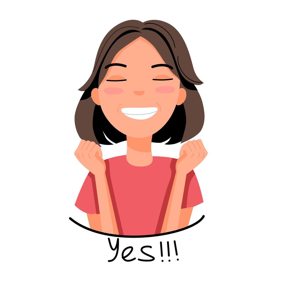 Vector illustration of a light-skinned girl with dark hair who is very happy with a smile on her face and holds her fists.