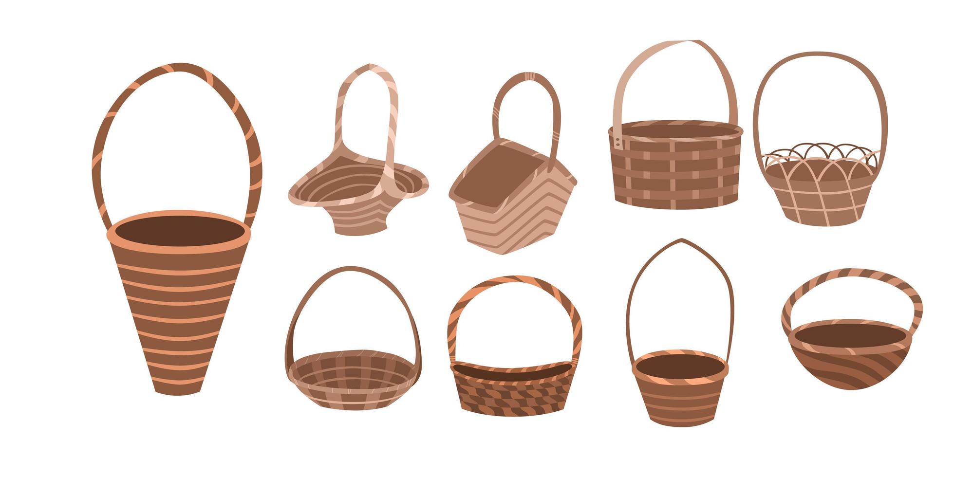 Set Wicker basket flat style. vector