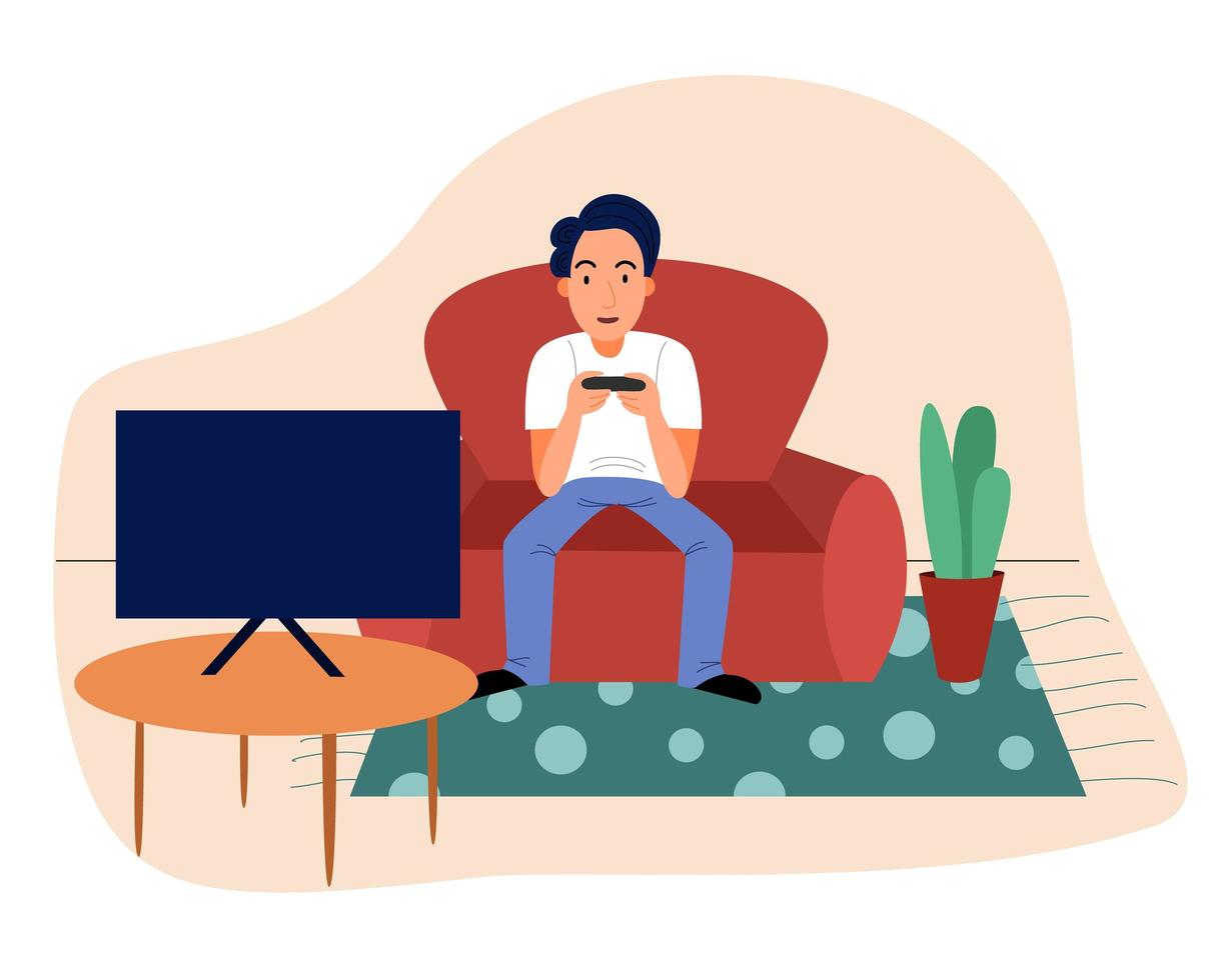 A young man plays with a console, TV. vector