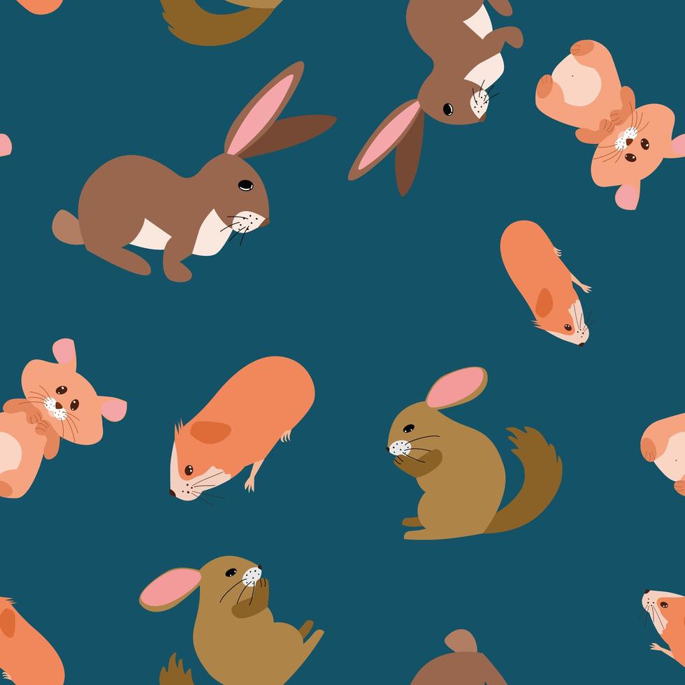 Seamless vector pattern with hares, chinchilla and guinea pig on a dark green background.