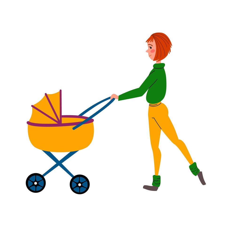 Training with a baby stroller. A girl does sports exercises with her baby. vector