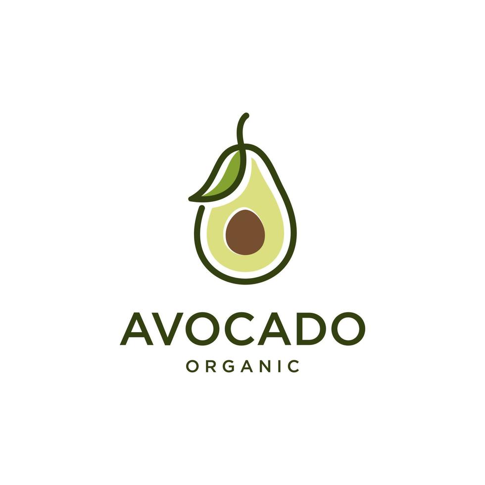 Avocado Fruit Logo With Leaf Line Art Vector Design Template