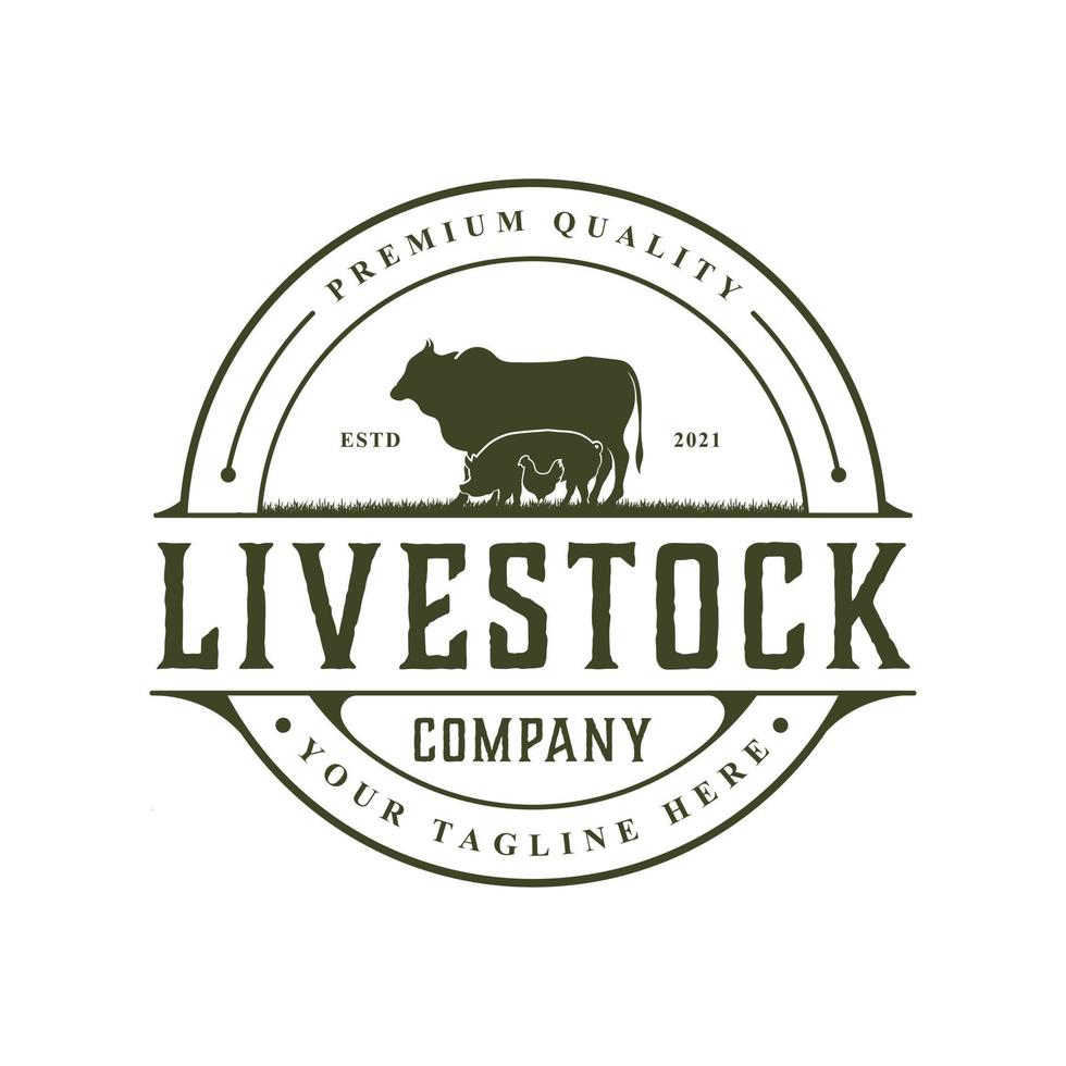 Retro Vintage Livestock logo Cattle Angus Beef Cow Chicken Pork Emblem Label design vector