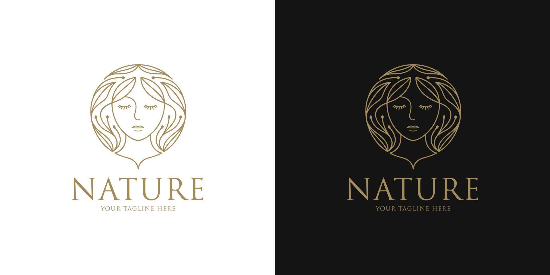 Beauty logo with woman, flower, leaf inside circle style design template vector