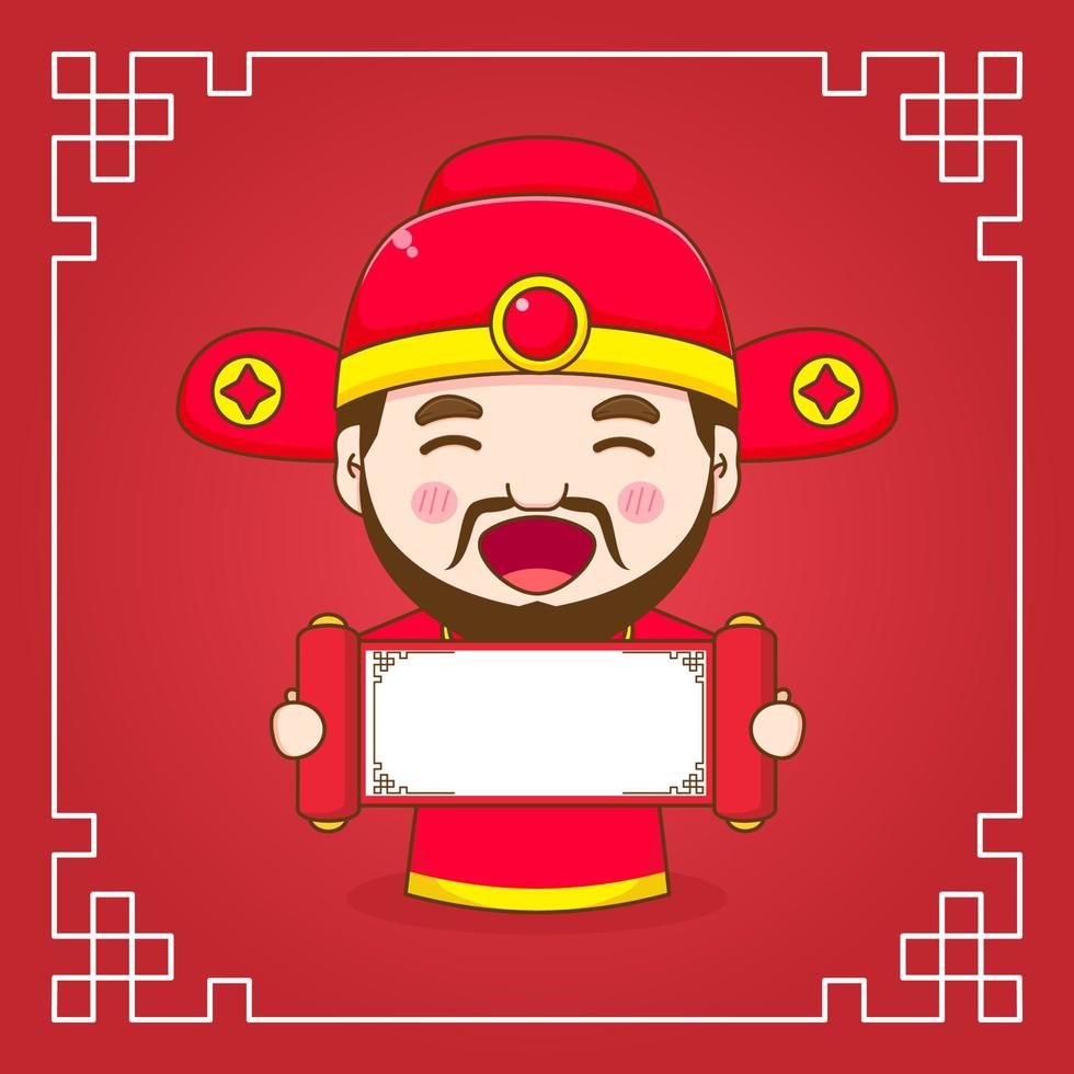 Cute God of wealth cartoon character. Chinese ornament frame vector