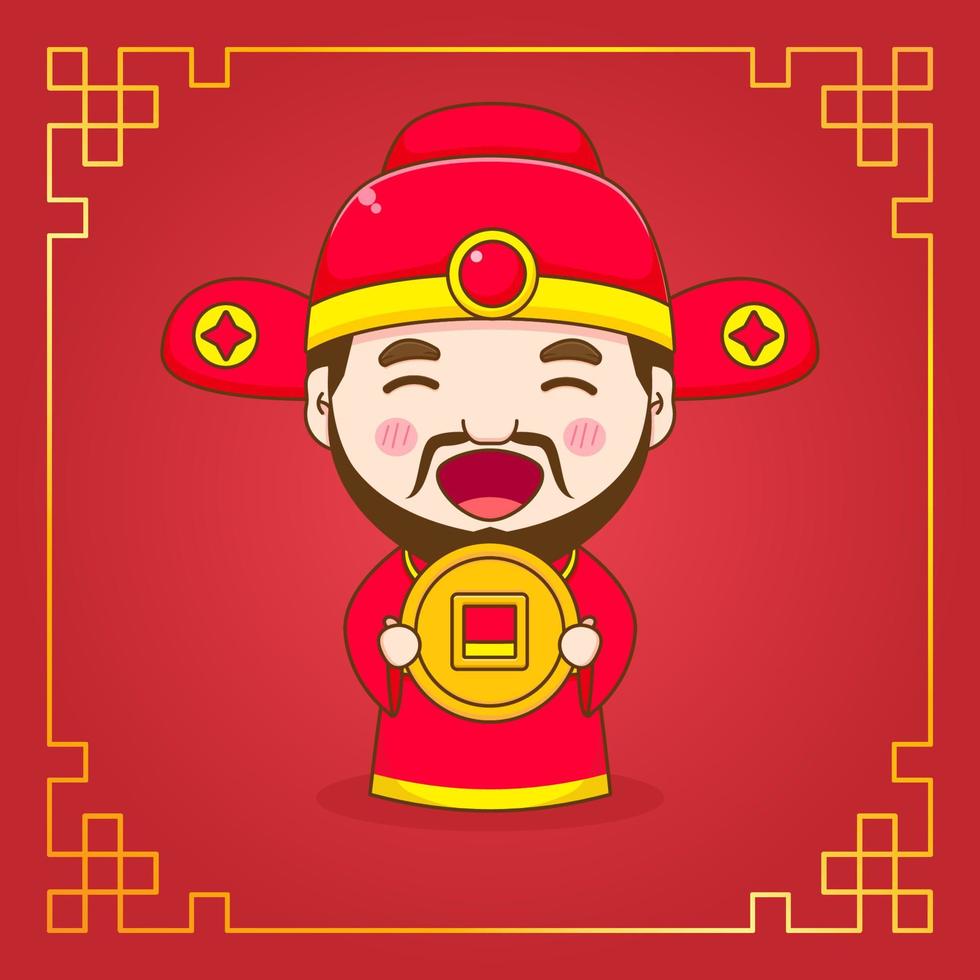 Cute God of wealth cartoon character. Chinese ornament frame vector