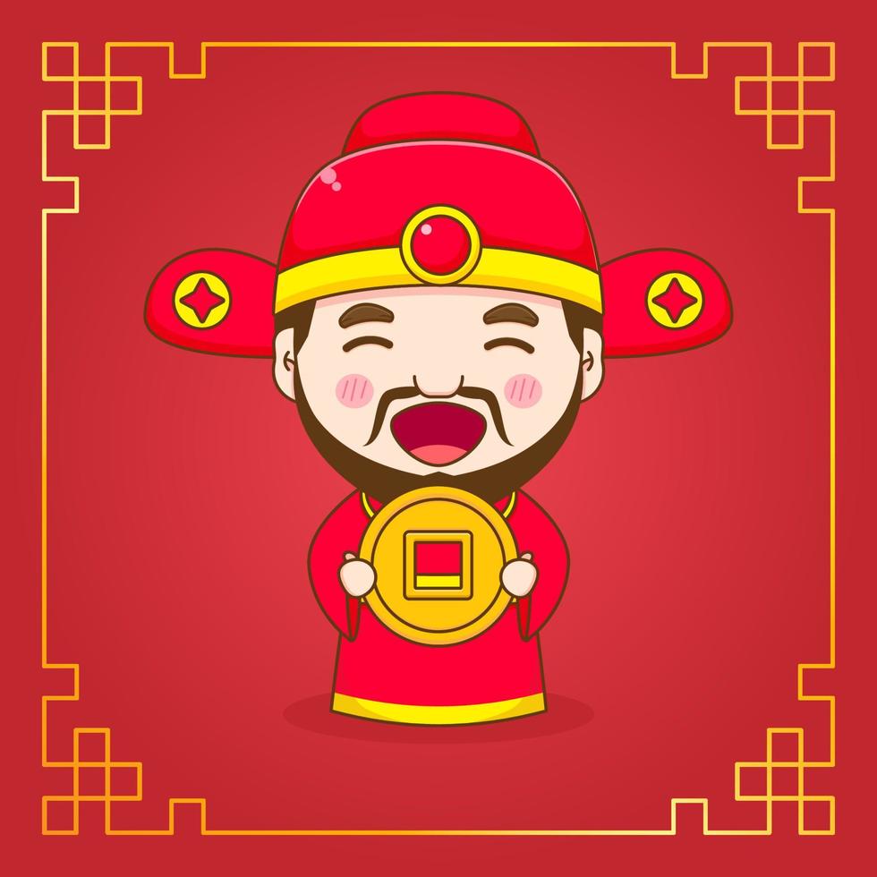 Cute God of wealth cartoon character. Chinese ornament frame vector