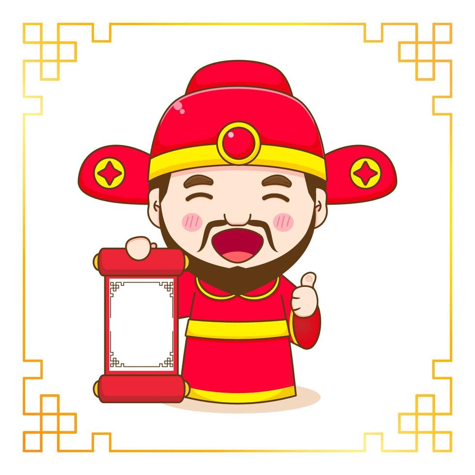 Cute God of wealth cartoon character. Chinese ornament frame vector