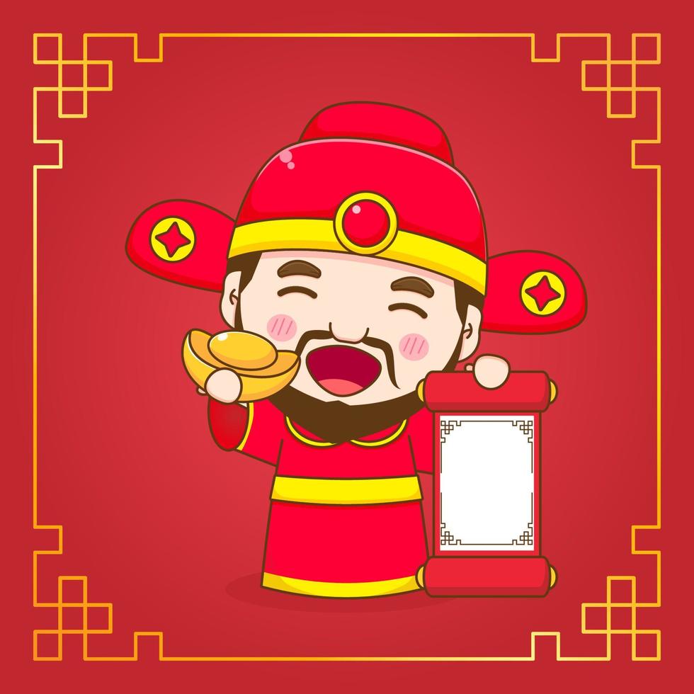 Cute God of wealth cartoon character. Chinese ornament frame vector