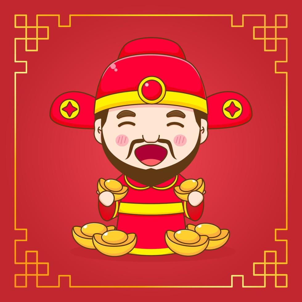 lindo dios de la riqueza personaje de dibujos animados. marco de adorno chino vector
