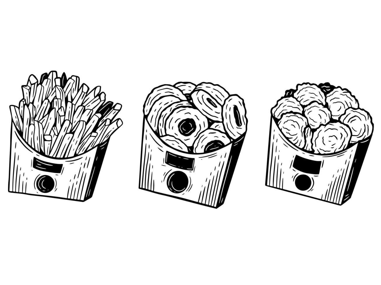 conjunto dibujado a mano papas fritas freír pollo comida rápida embalaje menú café restaurantes ilustración vector