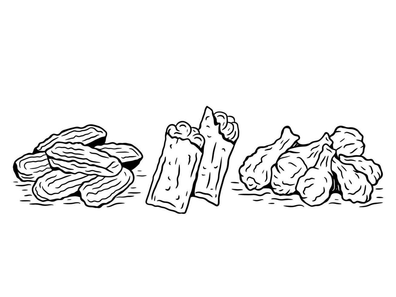 conjunto dibujado a mano papas fritas freír comida rápida menú de empaque café restaurantes ilustración vector