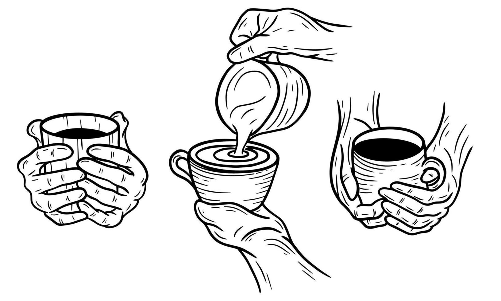 conjunto dibujado a mano sostener café crema bebida postre tienda vidrio taza menú café restaurantes ilustración vector
