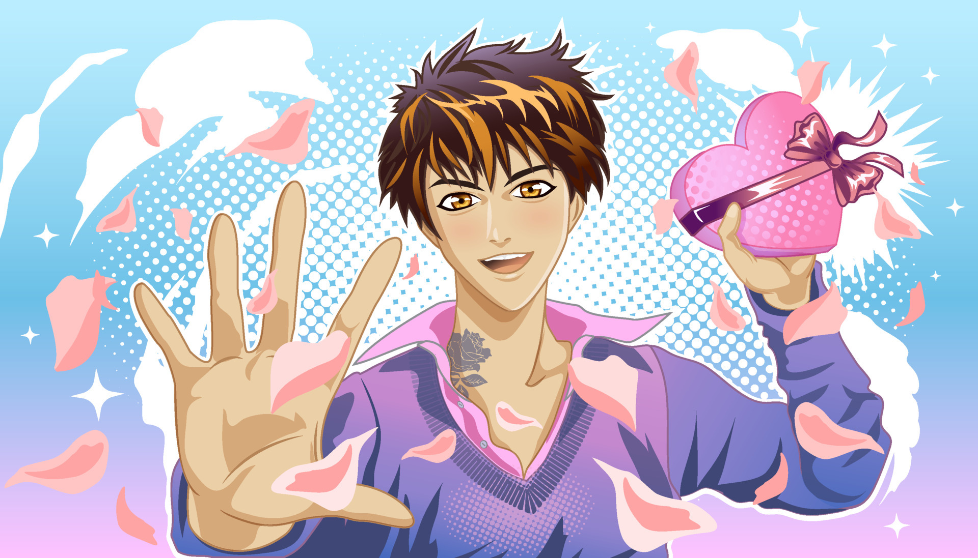Young man gives a gift in the shape of a heart with flower petals. Illustration in the style of manga and anime. 5104023 Vector Art at Vecteezy Young man gives a gift in the shape of a heart with flower petals. Illustration in the style of manga and anime. 5104023 Vector Art at Vecteezy