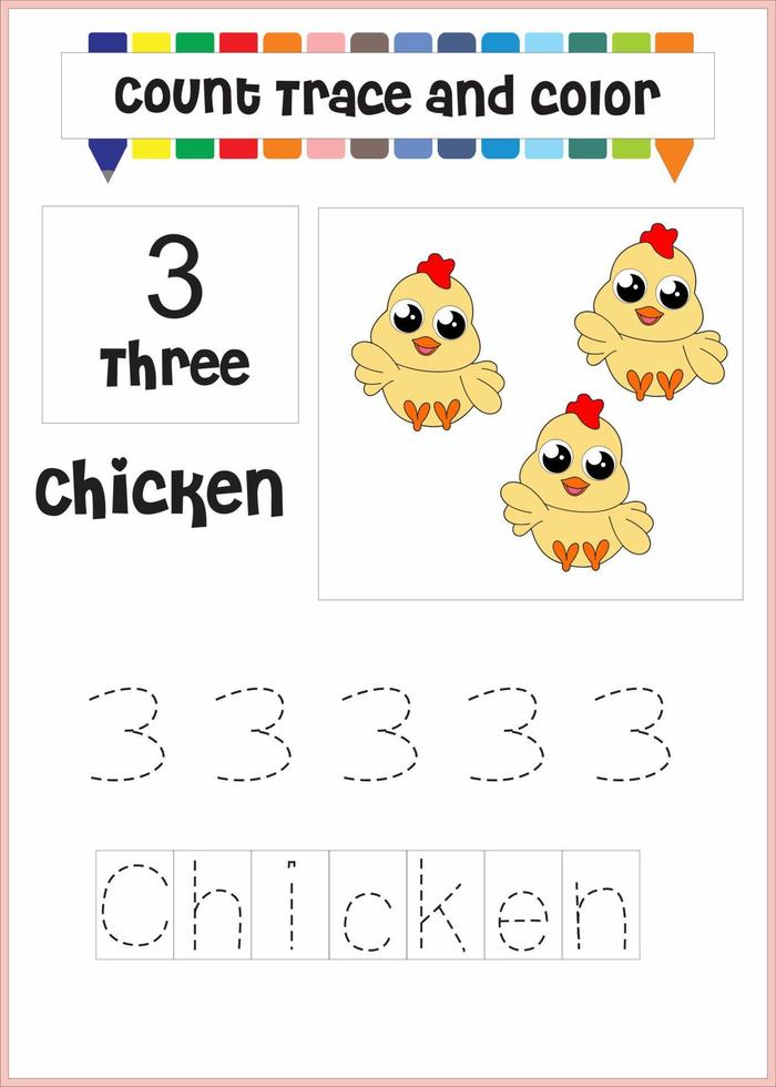 number trace and color chicken number 3 vector