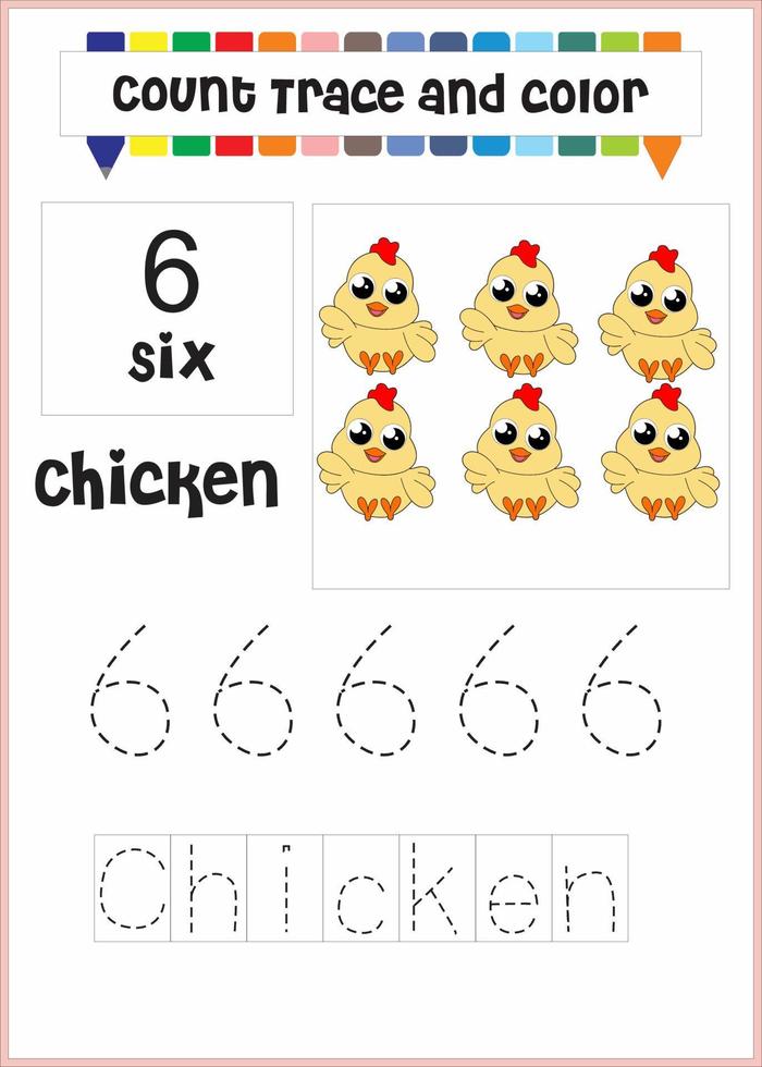 number trace and color chicken number 6 vector