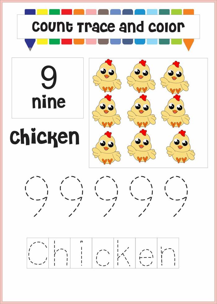 number trace and color chicken number 9 vector