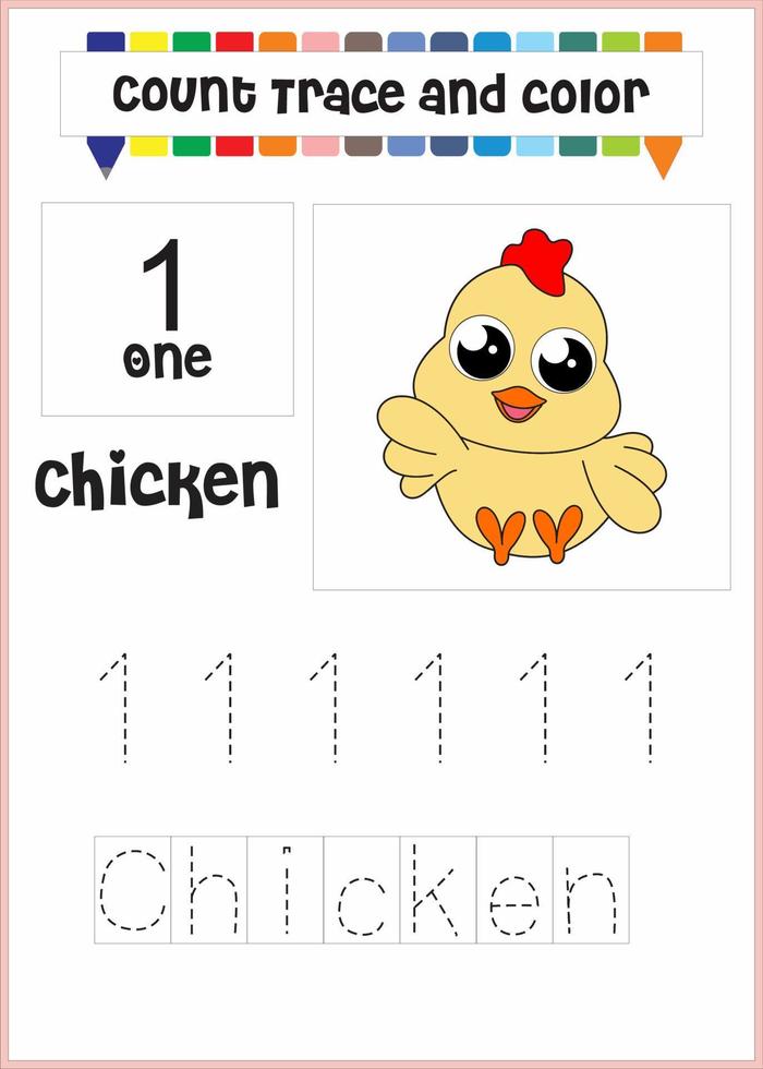 number trace and color chicken number 1 vector