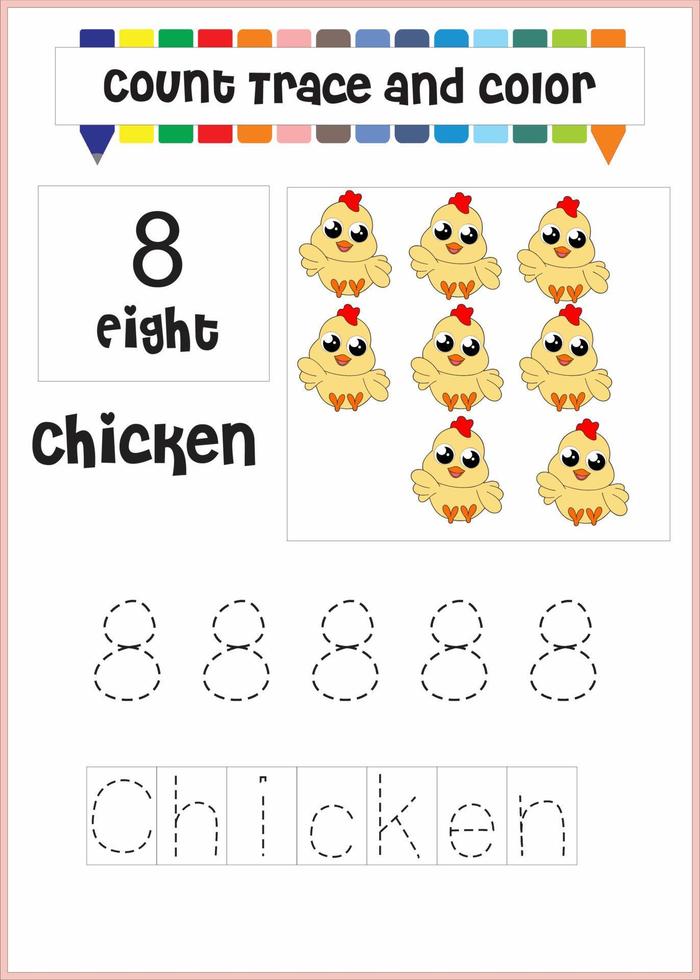 number trace and color chicken number 8 vector