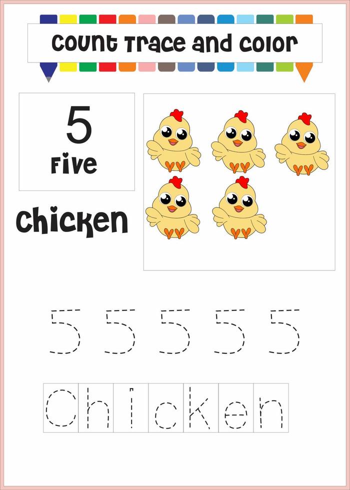 number trace and color chicken number 5 vector