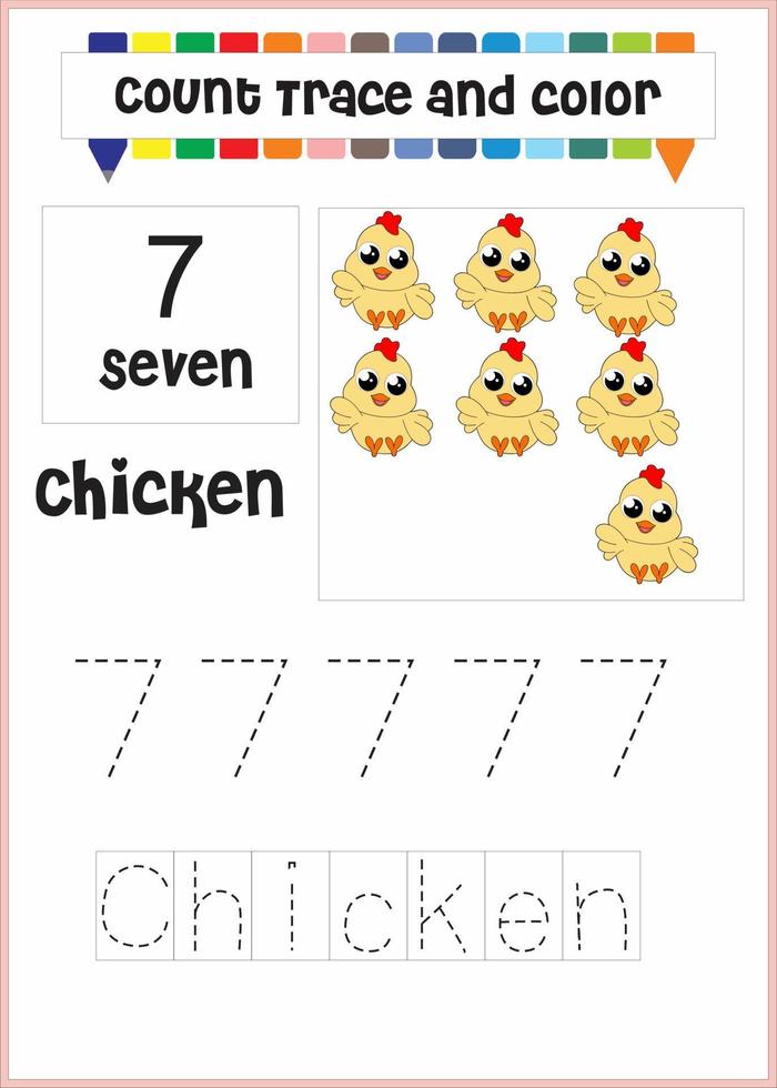 number trace and color chicken number 7 vector
