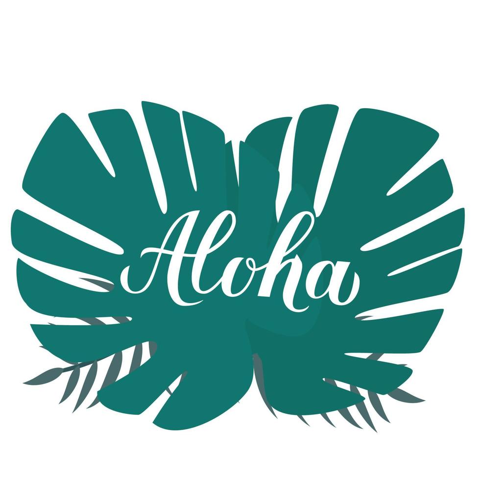 Aloha calligraphy brush lettering and palm leaves. Summer holidays concept. Hand written Hawaiian language phrase hello. Vector template for logo design, banner, poster, flyer, t-shot.