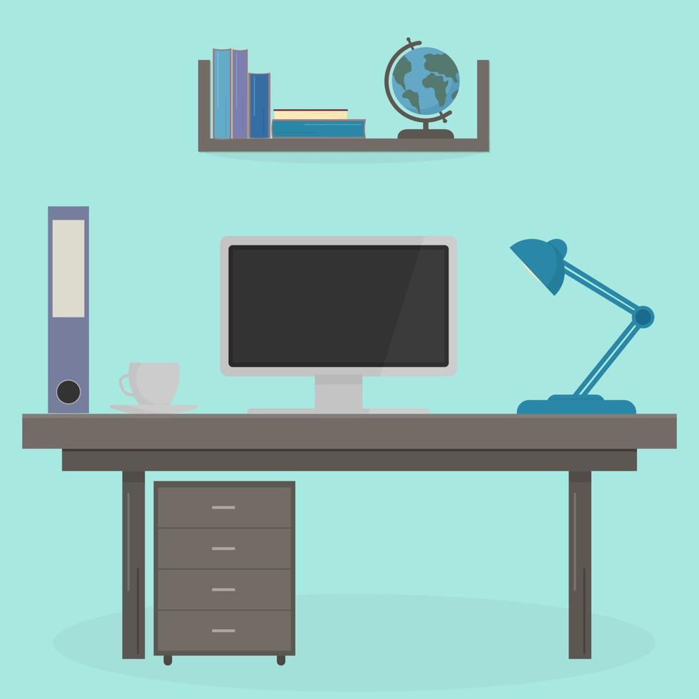 Table with computer, lamp and cup. Shelf with books and a globe on it. Workplace of the student. Room or office interior. Education and learning concept. Flat vector design template.
