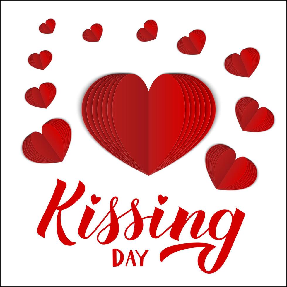 Kissing day hand lettering with 3d red paper cut hearts on white background. Easy to edit template for typography poster, banner, flyer, sticker, badge, t-shot, etc. vector