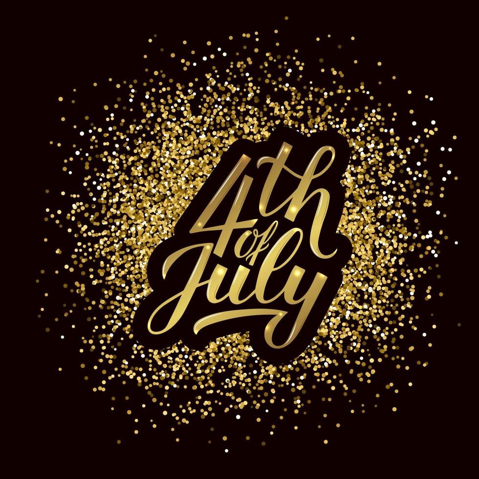 4th of July calligraphy hand lettering on gold glitter texture background. USA Independence Day celebration poster. Easy to edit vector template for logo design, greeting card, banner, flyer, etc.