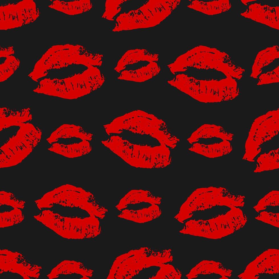 Seamless pattern lipstick kiss on black background. Bright red Lips prints vector illustration. Perfect for Valentines day postcard, greeting card, textile design, wrapping paper, etc.