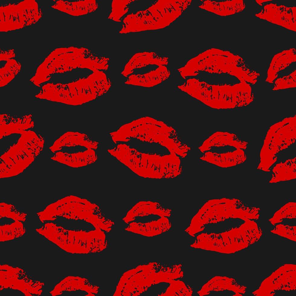 beso de lápiz labial de patrones sin fisuras sobre fondo negro. labios rojos brillantes imprime ilustración vectorial. perfecto para postales de san valentín, tarjetas de felicitación, diseño textil, papel de regalo, etc. vector