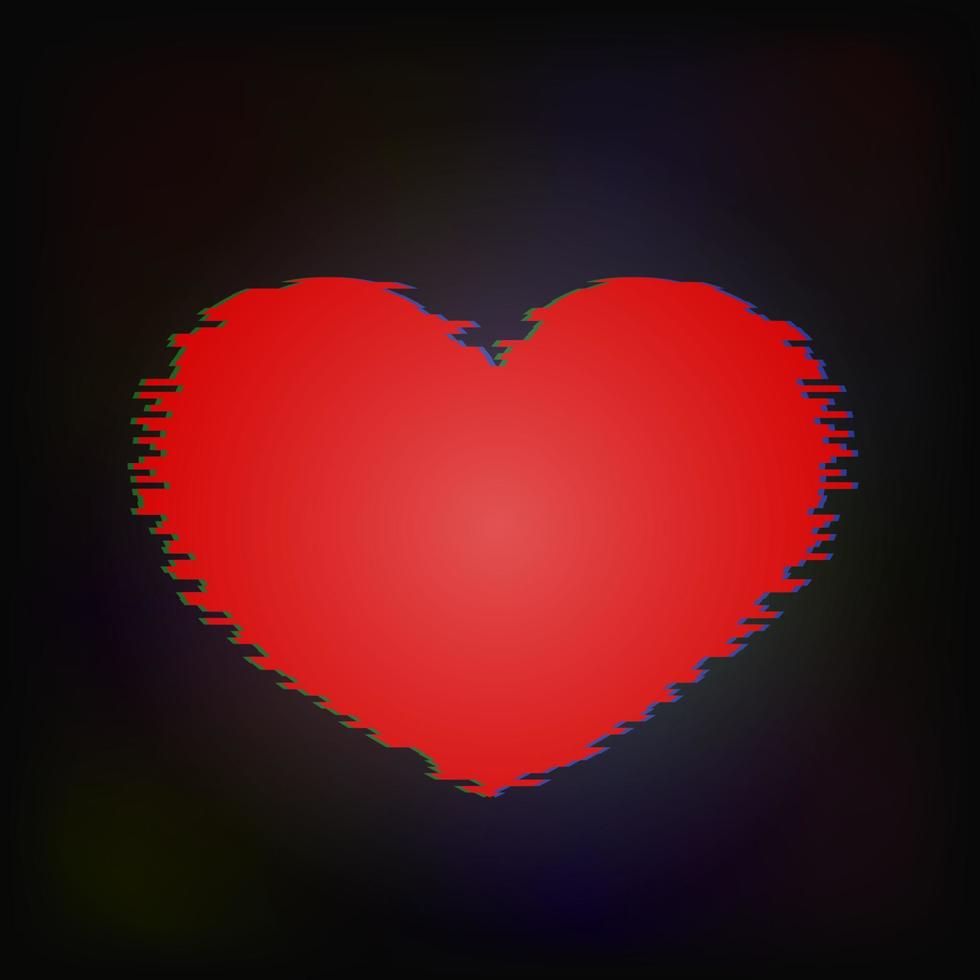 Red heart with glitch effect on a dark background. Valentine s day greeting card. Symbol of love vector illustration. Easy to edit design template.