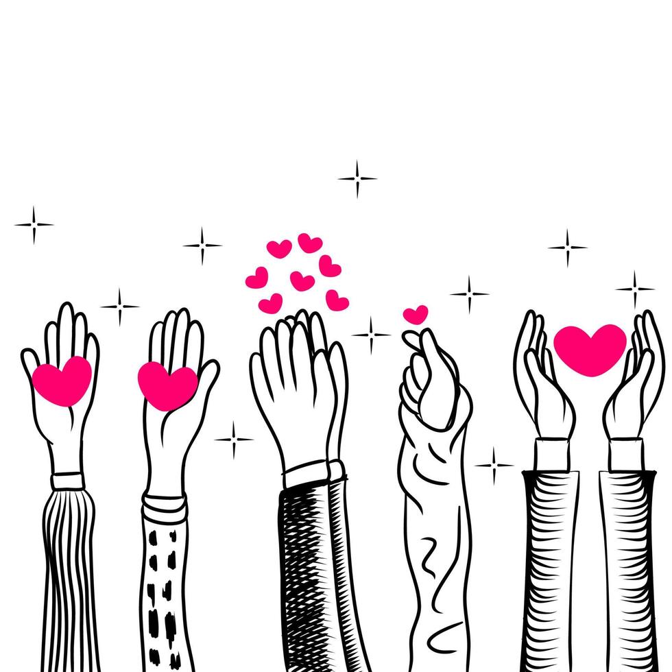 hands up,Hands clapping with love. Give and share your love to people. Concept of charity and donation. doodle vector illustration