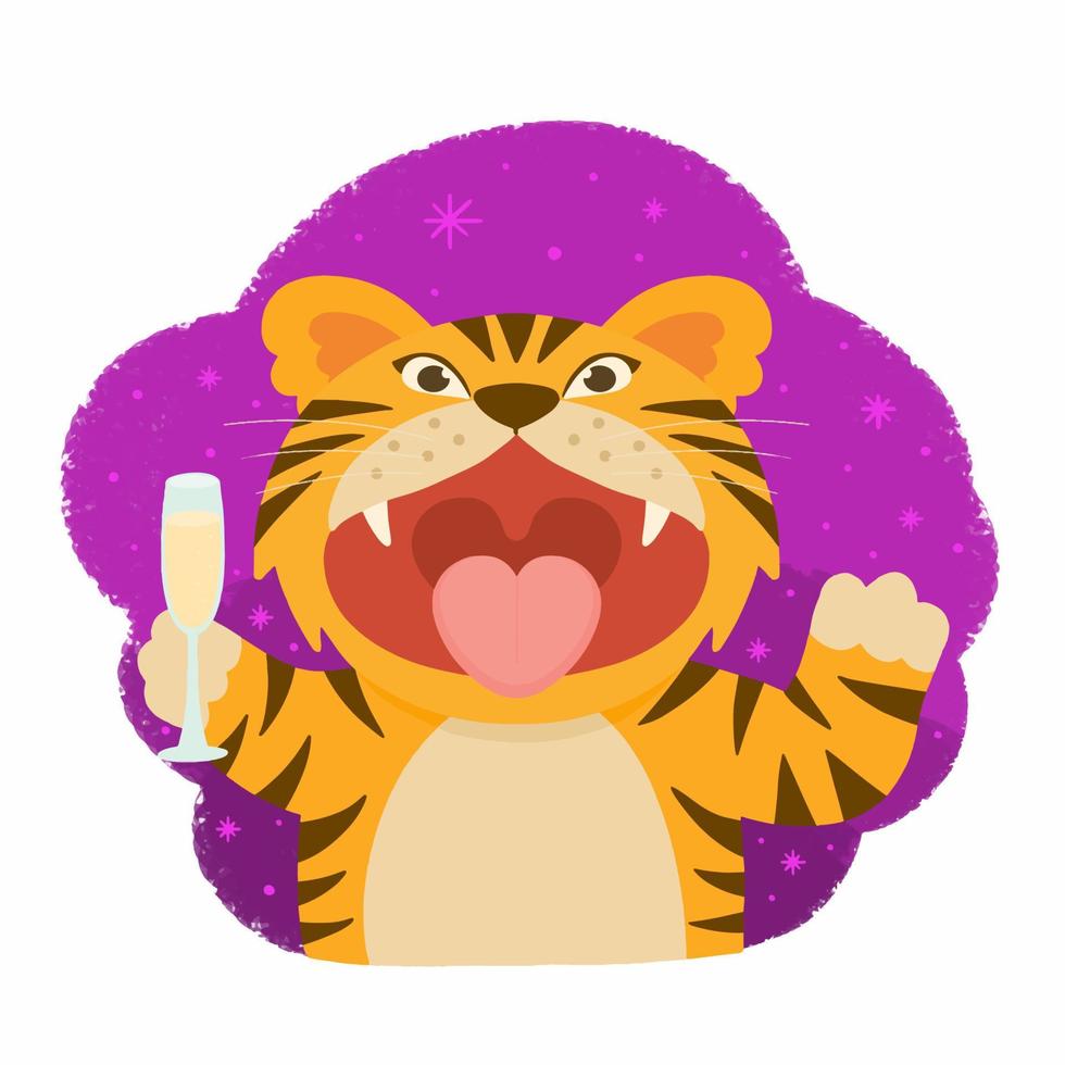 Happy tiger with a glass of champagne. The symbol of the new 2022. vector