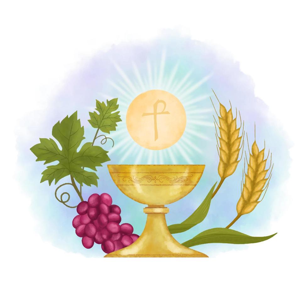 Chalice and host, with wheat ears wreath and grapes vector