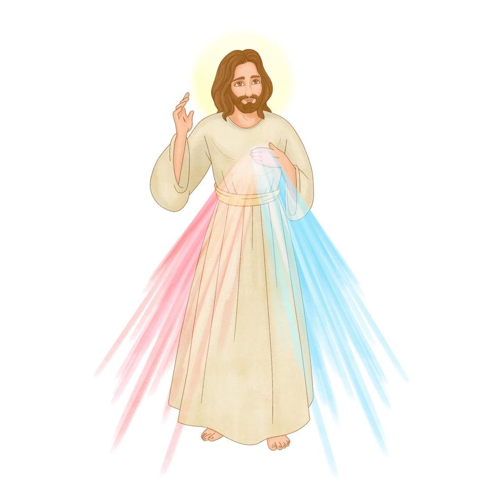 divina misericordia del carácter de jesús, rayos de luz emanan de su sagrado corazón vector