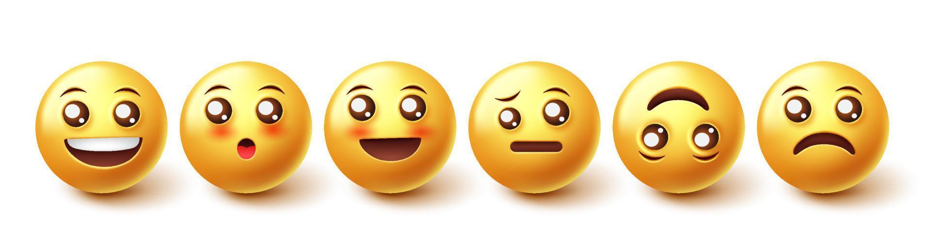 conjunto de vectores de caracteres emoji. Emoticones personaje 3d con linda cara de emojis ruborizados, confundidos y felices en diseño gráfico para la colección de emoticonos de expresión facial. ilustración vectorial