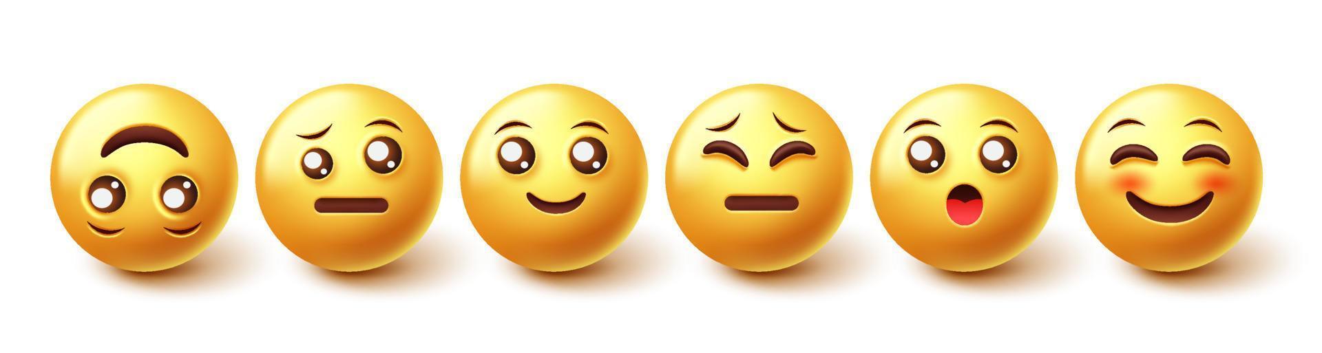 conjunto de vectores de caracteres emoji. emoticonos felices, tristes y sorprendidos en la colección de iconos de cara amarilla para el diseño gráfico de reacción de emojis 3d. ilustración vectorial