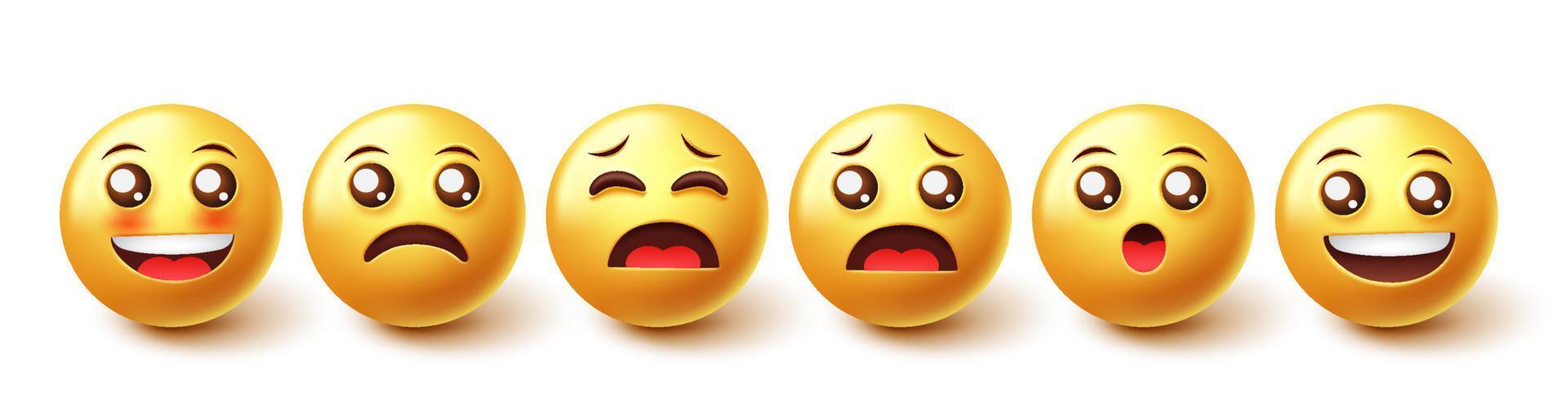 Emojis character vector set. Emoji emoticons in 3d graphic design with cute facial expressions of happy and sad face reactions isolated in white background. Vector illustration.