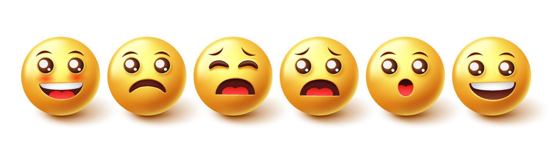 conjunto de vectores de caracteres emojis. emoticonos emoji en diseño gráfico 3d con lindas expresiones faciales de reacciones faciales felices y tristes aisladas en fondo blanco. ilustración vectorial