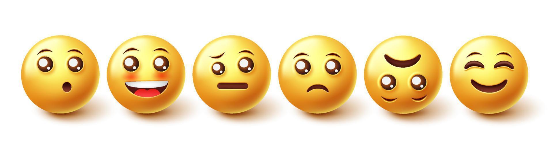 Emoji characters vector set. Emojis 3d character with cute face reaction collection isolated in white background for emoticon faces design elements. Vector illustration.