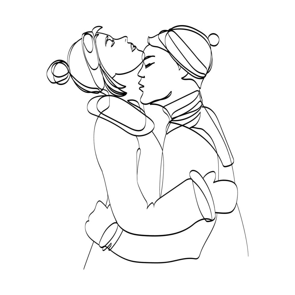 Couple of young happy people woman and man hugging, hand drawn sketch isolated on white background.Vector outline illustration of lovers in warm clothes and hats, kissing vector