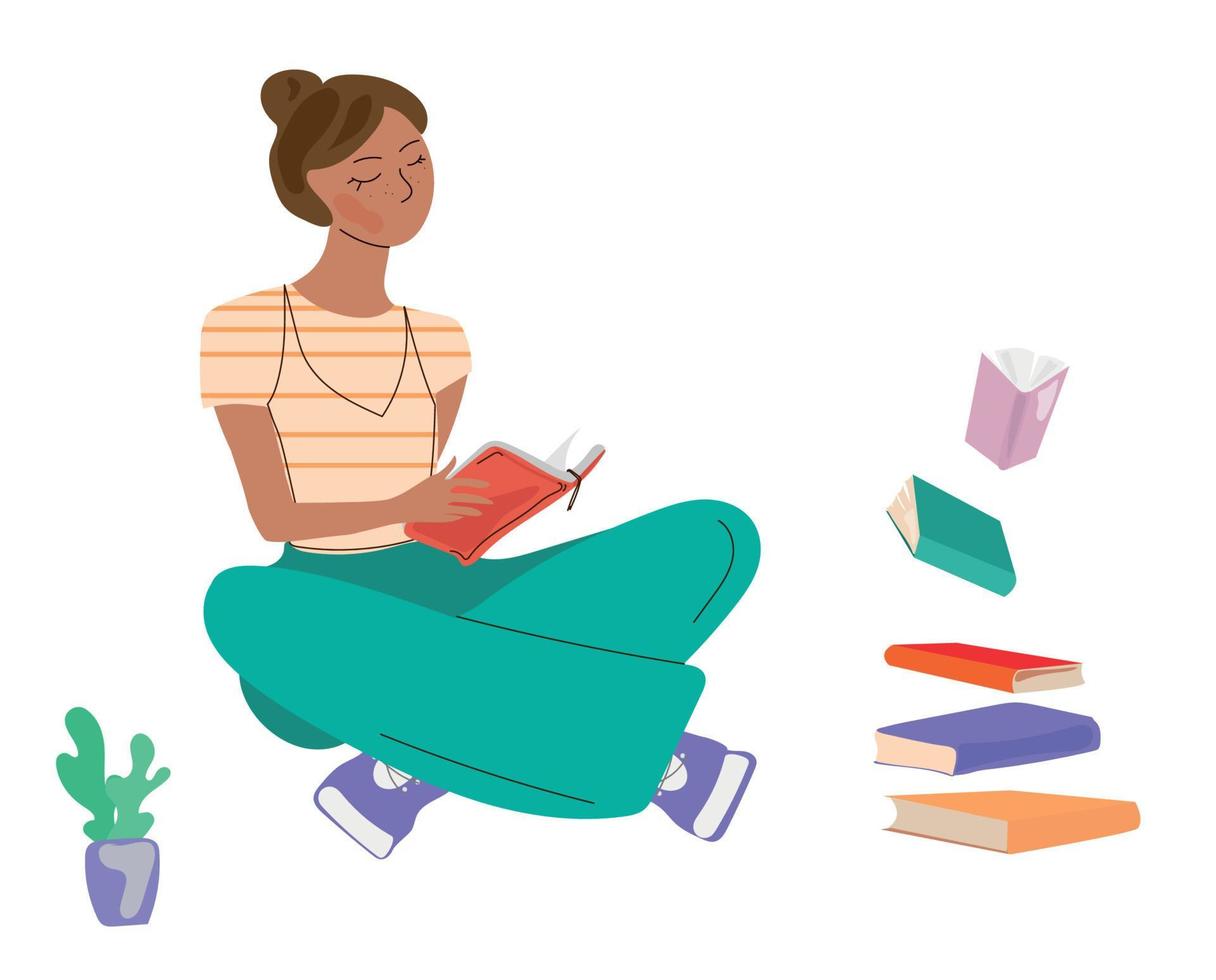 mujer joven sentada y leyendo un libro, con una pila de libros voladores. lectura, concepto de estudio. una estudiante con libros se dibuja en un estilo moderno de dibujos animados. ilustración vectorial vector