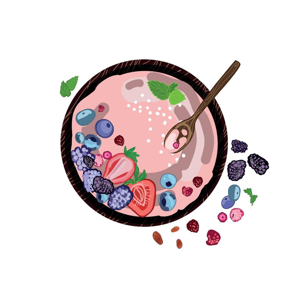 postre vegano saludable. tazón de batido de bayas con fresas, moras y arándanos, frambuesas en un tazón de madera, vista superior. ilustración de comida vectorial, tazón de batido, dibujo a mano sobre fondo blanco vector