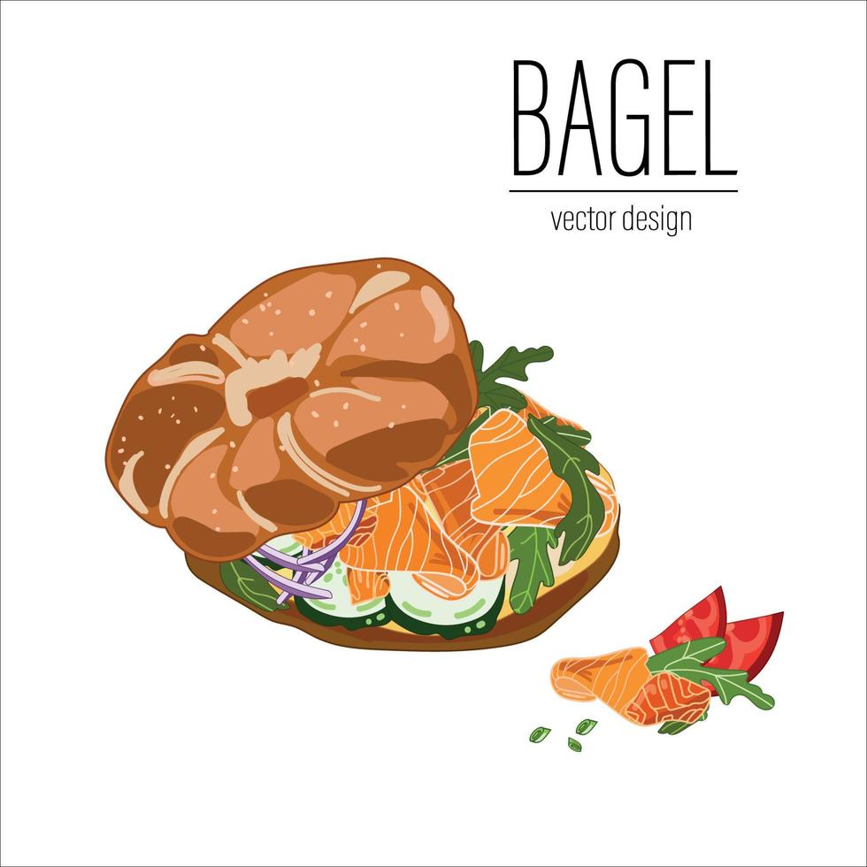 Sándwich de salmón bagel con queso crema, pepinos y rúcula dibujado en estilo boceto y aislado sobre fondo blanco.desayuno sabroso y saludable, comida.pasteles frescos.ilustración vectorial vector