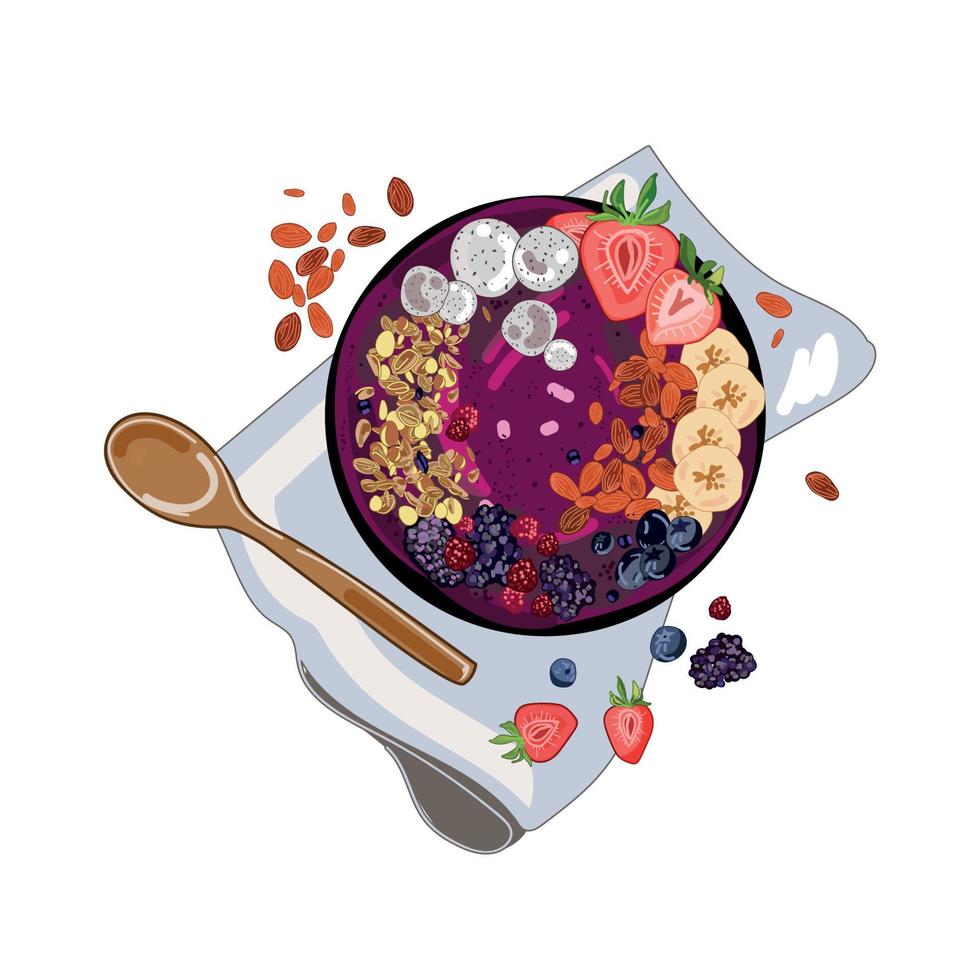 tazón de batido con bayas, fruta del dragón, plátanos, almendras, comida de tendencia acai tazón de batido dibujo a mano en estilo realista de dibujos animados. comida vegana orgánica saludable. fondo blanco. ilustración vectorial vista superior vector