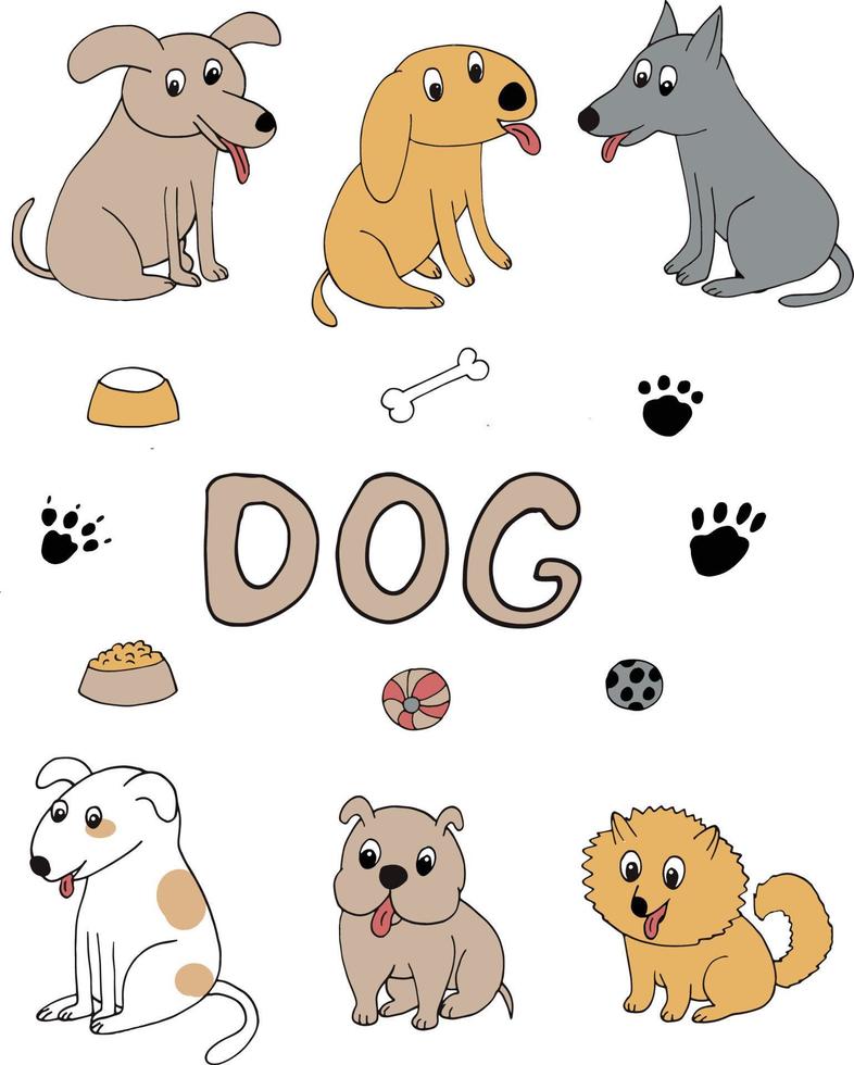 conjunto de iconos de perros. garabato dibujado a mano. , dibujos animados, minimalismo. mascota, animal, lindo tazón divertido comida bola huellas patas letras vector