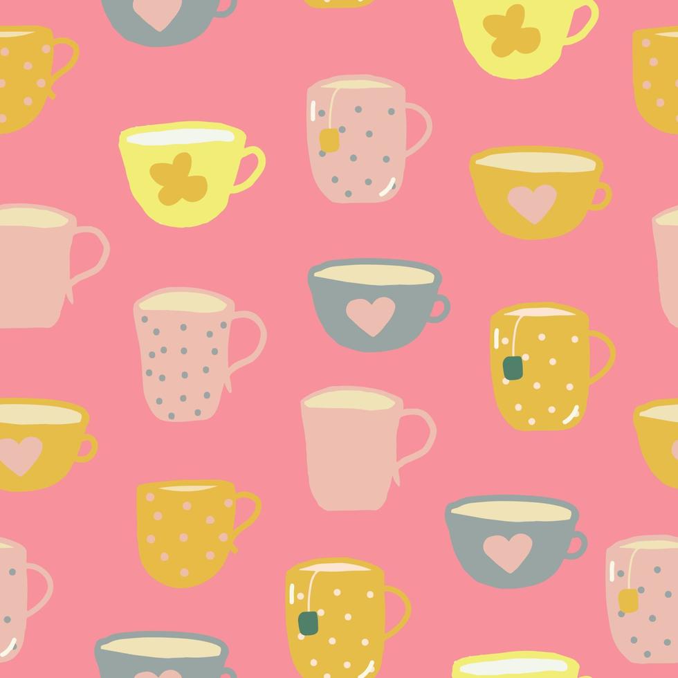 cups seamless pattern. hand drawn doodle. , cartoon, minimalism. trending colors 2021. wallpaper, wrapping, textiles, banner kitchen tea coffee drinks tablecloth cafe vector