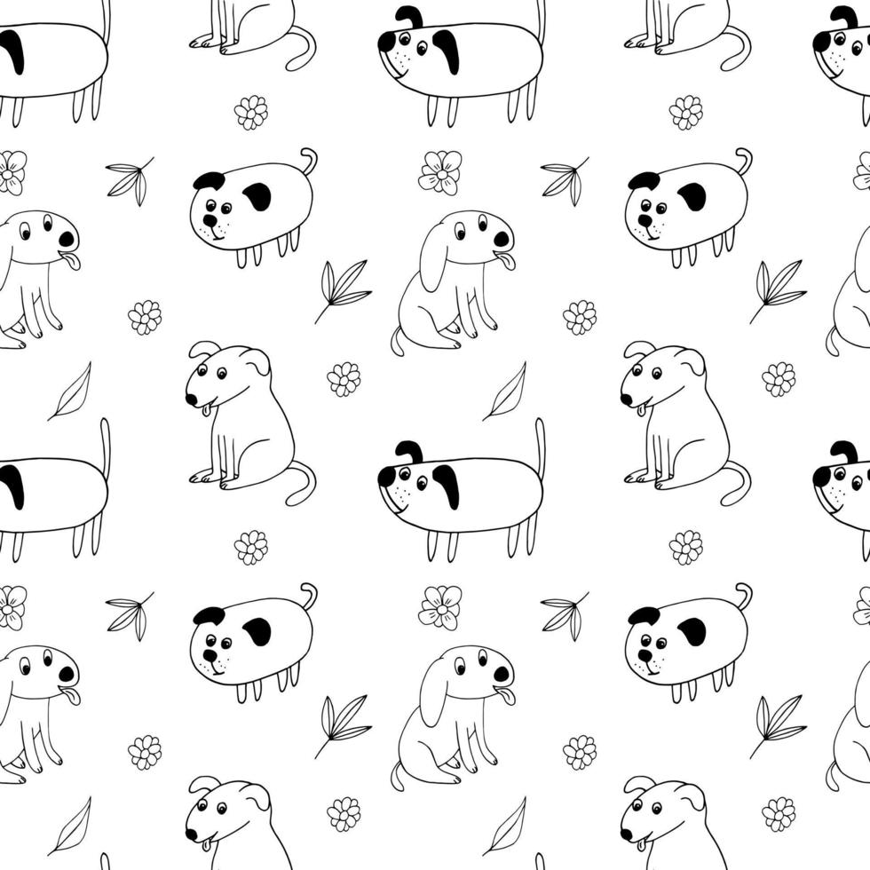 dogs seamless pattern. hand drawn doodle. vector, minimalism. wallpaper, wrapping paper, textiles. animals pets flowers leaves baby vector